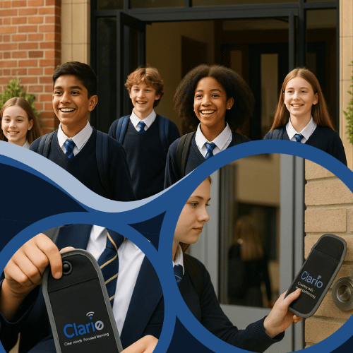 School children using Clario pouch